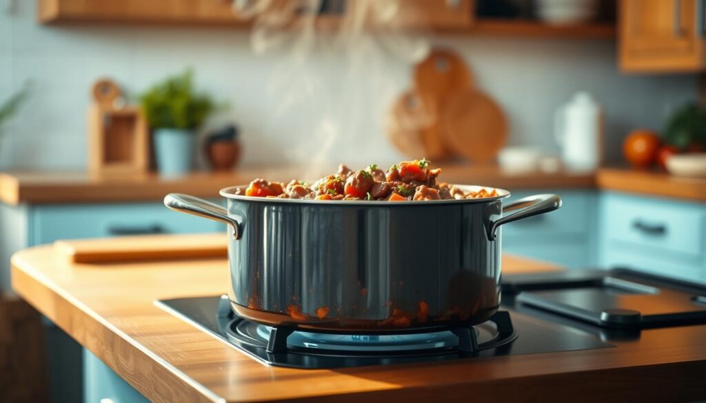 Simmering pot of homemade meat sauce on a wooden stove top in a cozy, minimal kitchen. The sauce is a rich, hearty blend of ground beef, tomatoes, garlic, onions, and fragrant herbs, simmered to perfection. Warm, amber lighting casts a soft glow, highlighting the sauce's thick, glossy texture. Wooden cabinets and light blue accents create a serene, inviting atmosphere, with no hands visible, allowing the sauce to take center stage.