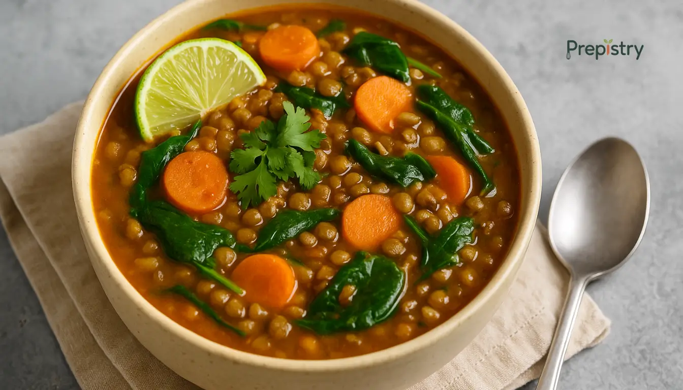Slow Cooker Ginger-Lime Lentil Stew Hearty lentil stew with carrots, spinach, and lime in a ceramic bowl on a linen napkin