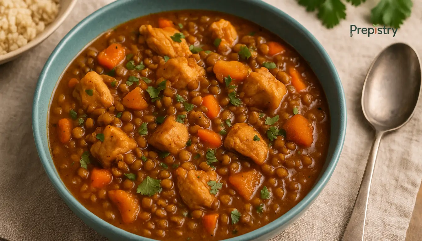 Slow Cooker Moroccan Lentil & Chicken Tagine A hearty bowl of Moroccan chicken and lentil tagine garnished with fresh parsley