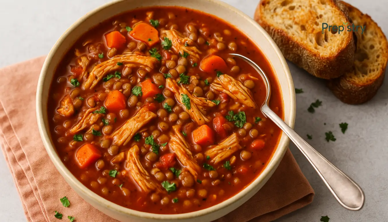 Slow Cooker Smoky Lentil & Chicken Stew Hearty bowl of smoky lentil and chicken stew with carrots, herbs, and crusty bread