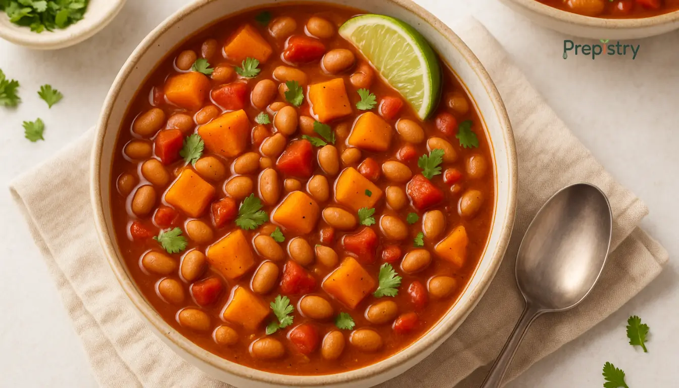 Slow Cooker Smoky Pinto Bean A bowl of smoky sweet potato and pinto bean stew with fresh cilantro and lime wedge