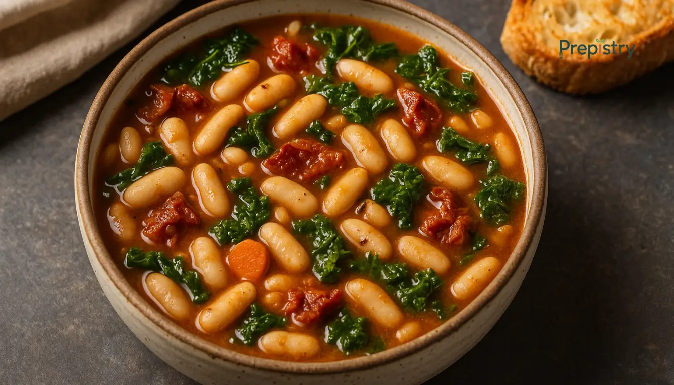 Slow Cooker Tuscan White Bean Stew A rustic bowl of Tuscan white bean stew with kale and sun-dried tomatoes