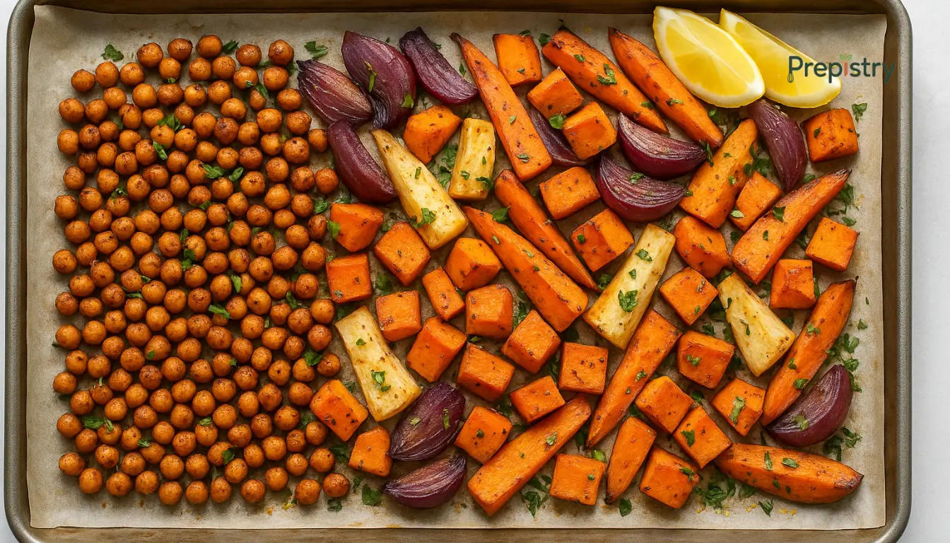 Smoky Sheet Pan Chickpea & Root Veggie Roast Roasted chickpeas, carrots, sweet potatoes, parsnips, and red onions on a parchment-lined tray