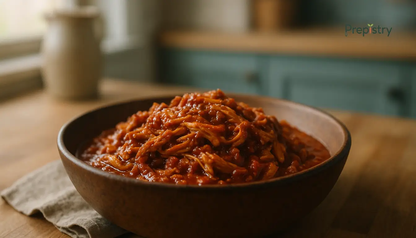 Smoky Tomato Pulled Chicken Meal Base Shredded chicken coated in smoky tomato sauce served in a rustic ceramic bowl