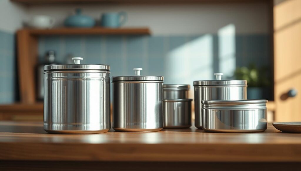 Stainless steel containers, gleaming and pristine, resting on a wooden countertop in a cozy, minimalist kitchen. Soft, natural lighting illuminates their sleek, modern forms, casting gentle shadows that accentuate the depth and contours of the metal. The containers are arranged in a harmonious composition, their clean lines and muted tones complementing the light blue accents that add a touch of warmth to the space. The scene conveys a sense of order, efficiency, and a focus on functionality, perfectly aligning with the 