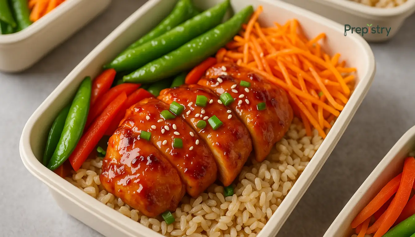 Sweet Chili Chicken and Brown Rice Bento Cups Sweet chili chicken with brown rice, red peppers, and snap peas in a beige bento container
