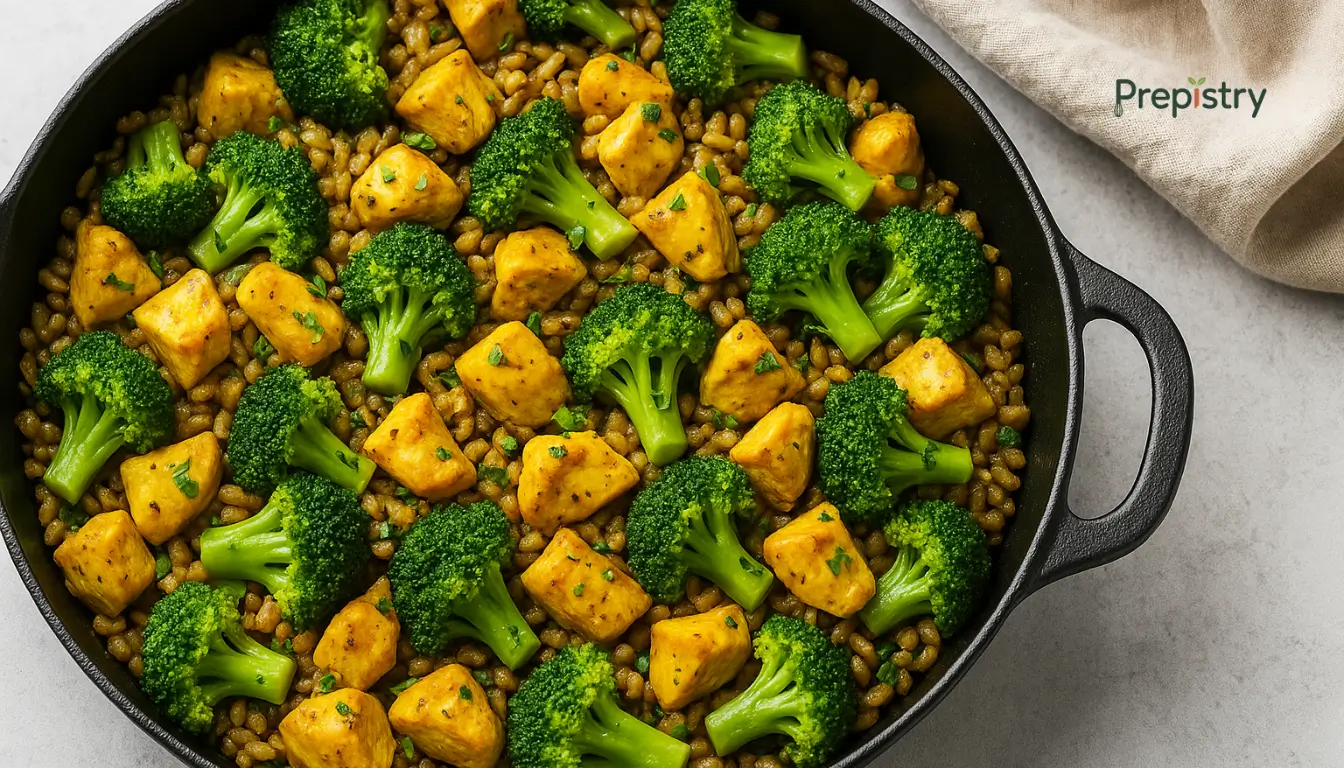 Turmeric Chicken and Farro Skillet with Broccoli Skillet filled with turmeric chicken, farro, and broccoli, garnished with parsley