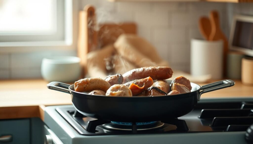 Warm, ambient kitchen with wooden countertops and light blue accents. Sizzling pan on the stovetop, filled with seared chicken, sausage, and tender beef chunks. Savory aromas fill the air as steam rises, hinting at the flavorful dish about to be enjoyed. Soft, natural lighting casts a cozy glow, emphasizing the textures and colors of the reheating meat. A minimalist yet inviting scene, capturing the simple pleasure of a homemade, reheated meal.