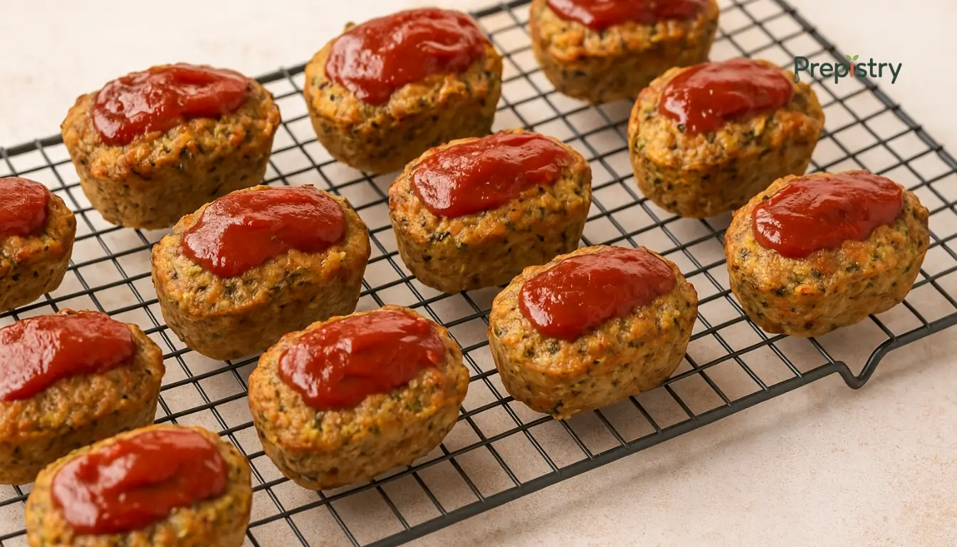 Zucchini Turkey Mini Meatloaf Meal Prep Cups Mini turkey meatloaf cups with zucchini and ketchup glaze cooling on a black wire rack