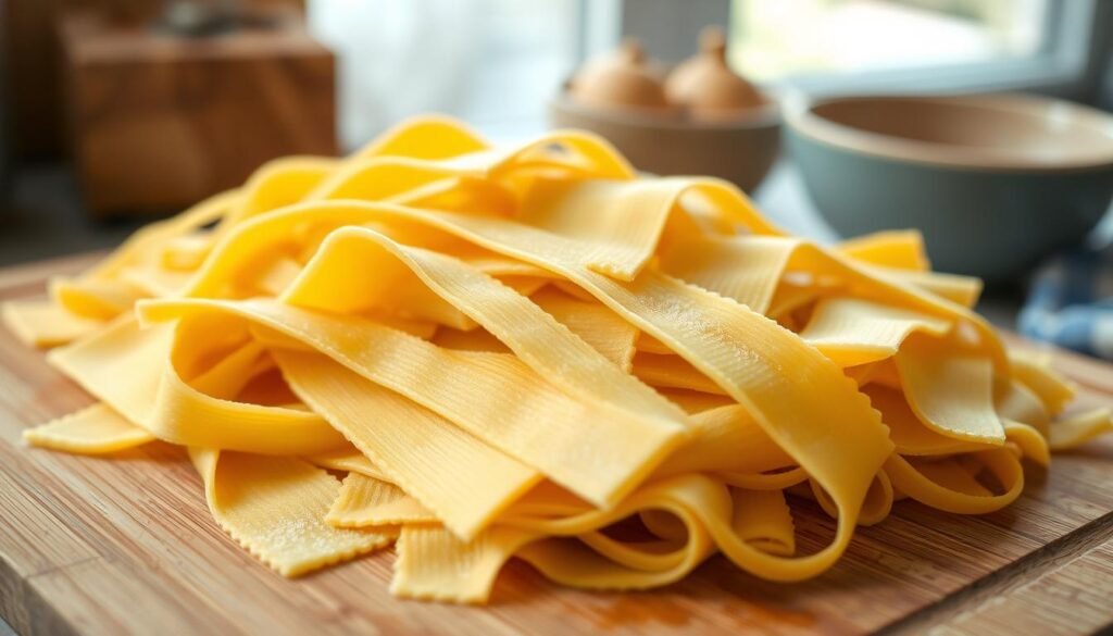 a close-up view of fresh lasagna noodles, cooked al dente, arranged in an overlapping pattern on a wooden cutting board. The noodles have a slightly textured surface and a pale golden-yellow color, reflecting the soft, natural lighting from a nearby window. The overall scene conveys a sense of simplicity and homemade comfort, with subtle hints of a cozy, minimal kitchen setting in the background - wooden textures, light blue accents, and no visible hands, allowing the noodles to be the sole focus.
