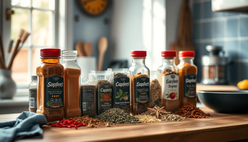 a collection of vibrant, aromatic spice blends from around the world, arranged neatly on a wooden kitchen counter, with soft blue-grey accents and natural lighting filtering through a nearby window, capturing the warmth and diversity of global cuisine in a cozy, inviting atmosphere
