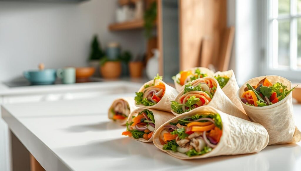 a cozy and minimal kitchen with warm wooden textures, soft light blue accents, and no visible hands. A variety of freshly prepared sandwich wraps are displayed on a clean white table, showcasing their vibrant colors, diverse ingredients, and enticing presentation. The wraps are neatly arranged, highlighting their shapes, textures, and the delicate balance of flavors within. The lighting is soft and natural, creating a welcoming atmosphere that invites the viewer to imagine the delicious taste and satisfying crunch of each wrap. The overall scene exudes a sense of culinary creativity and international flair, perfectly capturing the 