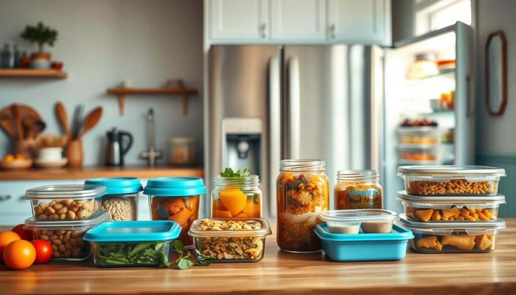 a cozy and minimalist kitchen with wooden countertops, light blue accents, and warm natural lighting. In the foreground, a variety of meal prep containers, some filled with fresh ingredients, are neatly arranged on the countertop. In the middle ground, several glass jars and containers hold pre-portioned servings of different homemade dishes, such as soups, stews, and casseroles. The background showcases a modern refrigerator, its door slightly ajar, revealing the organized interior filled with more prepped meals. The overall scene conveys a sense of efficiency, organization, and a commitment to healthy, allergy-safe meal planning for a busy family.