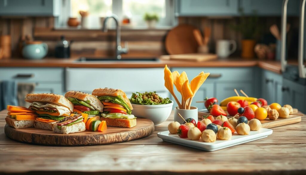 a cozy kitchen with warm wooden textures and light blue accents, a bountiful spread of tasty finger foods arranged on a rustic wooden table - bite-sized sandwiches, colorful veggie skewers, savory pastry bites, and fresh fruit kabobs, all presented in an inviting and visually appealing way, capturing the benefits of choosing easy-to-eat finger foods for a delightful cold lunch, the scene illuminated by soft, natural lighting from a large window, creating a welcoming and appetizing atmosphere