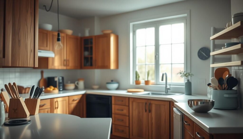 a cozy kitchen with wooden cabinetry, light blue accents, and minimal decor. The countertops are clear, showcasing a few essential cooking tools like a knife block, utensil holder, and a mixing bowl. Soft, diffused lighting from a large window illuminates the space, creating a warm and inviting atmosphere. The room has a clean, organized layout with ample workspace, hinting at a well-planned cooking session. The overall impression is one of efficiency, simplicity, and a focus on the task at hand.