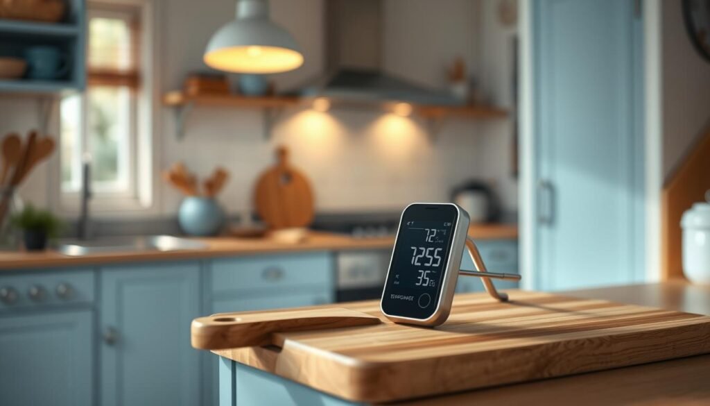a cozy, minimal kitchen with light blue accents and wooden textures, a cutting board prominently placed on the counter, showcasing a digital food thermometer displaying the optimal internal temperature for food safety, a soft, directional light illuminating the scene, creating a warm, informative atmosphere