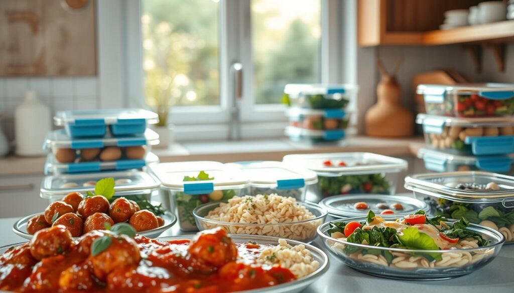 a cozy minimal kitchen with warm wooden textures, light blue accents, and no hands. In the foreground, an array of freshly prepared Italian dishes - saucy meatballs, creamy risotto, crisp salad greens, and aromatic herbs. The middle ground features neatly organized meal prep containers, their contents visible through the glass lids. In the background, a window overlooking a sun-dappled garden, casting a soft, natural light across the scene. The overall mood is one of calm efficiency, highlighting the benefits of planning ahead for delicious, homemade Italian meals.