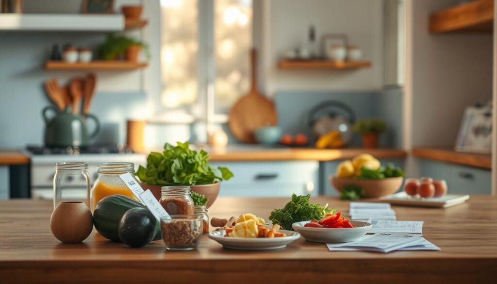 a cozy, minimal kitchen with wooden textures and light blue accents, a weekly meal plan laid out on the countertop, with fresh produce, seasonings, and recipe cards neatly arranged, creating a sense of organization and efficiency, the scene bathed in warm, natural lighting from a nearby window, capturing the essence of planning a thoughtful, nourishing grocery list and meal prep strategy