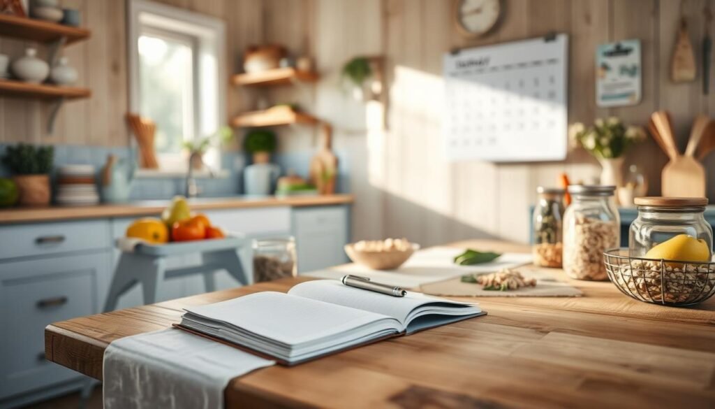 a cozy, minimal kitchen with wooden textures and light blue accents, a wooden dining table with a clean, crisp white tablecloth, an open notebook with a pen resting on it, surrounded by fresh produce, whole grains, and glass jars of herbs and spices, a calendar hung on the wall with the current week highlighted, conveying a sense of organization and thoughtful meal planning, natural light filtering in through a window, creating a warm, inviting atmosphere