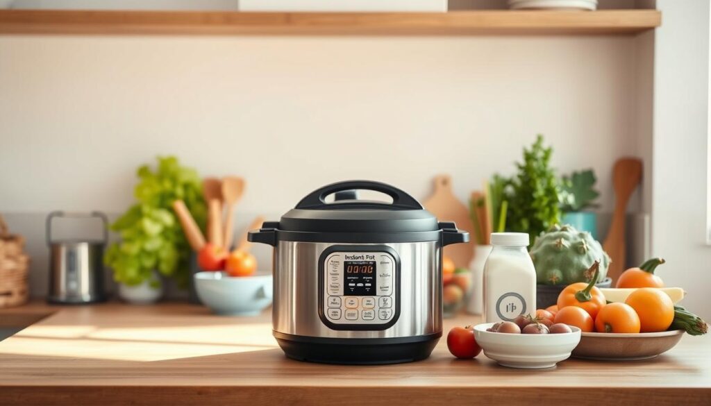 a cozy, minimal kitchen with wooden textures and light blue accents, featuring a set of dairy-free Instant Pot recipes. The counter is clean and uncluttered, with an Instant Pot taking center stage. Various vegetables, plant-based milk containers, and other ingredients are neatly arranged around the Instant Pot, hinting at the healthy, dairy-free dishes that can be effortlessly prepared. The lighting is soft and warm, creating a welcoming atmosphere. The scene conveys a sense of ease and simplicity, showcasing how the Instant Pot can be utilized to cook delicious, dairy-free meals with minimal effort.