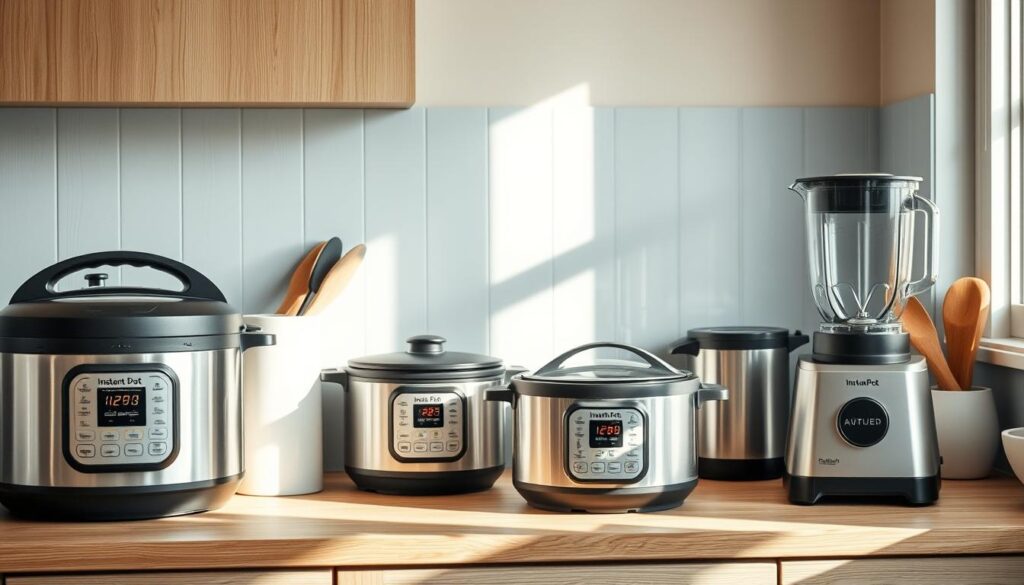a cozy, minimal kitchen with wooden textures and light blue accents, showcasing a collection of modern appliances for batch cooking, including a sleek Instant Pot, a large slow cooker, and a stainless steel blender, all arranged neatly on the countertop, with a warm, natural lighting illuminating the scene, creating a serene and efficient atmosphere for meal preparation.