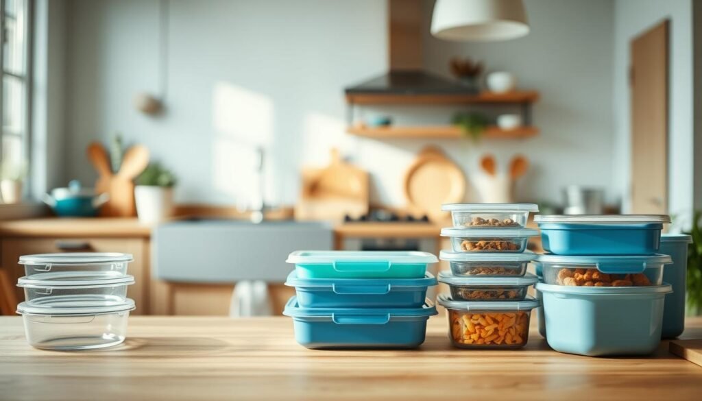 a cozy, minimal kitchen with wooden textures and light blue accents, showcasing a variety of meal prep containers in the foreground. The containers are arranged neatly, displaying a range of sizes and shapes, some with lids, others without. The lighting is soft and natural, creating a warm, inviting atmosphere. The containers are the focal point, highlighting their practicality and versatility for batch cooking and meal prepping. The scene conveys a sense of organization and efficiency, perfectly suited for the 