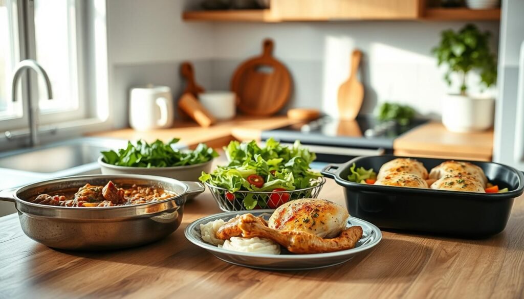 a cozy, minimal kitchen with wooden textures and light blue accents, showcasing an array of freshly prepared family-sized meals, including a hearty stew, a crisp salad, and a pan of baked chicken and vegetables, all neatly arranged on a wooden countertop, illuminated by soft, natural lighting, conveying a sense of wholesome, homemade goodness and the satisfaction of a well-planned, make-ahead meal system.