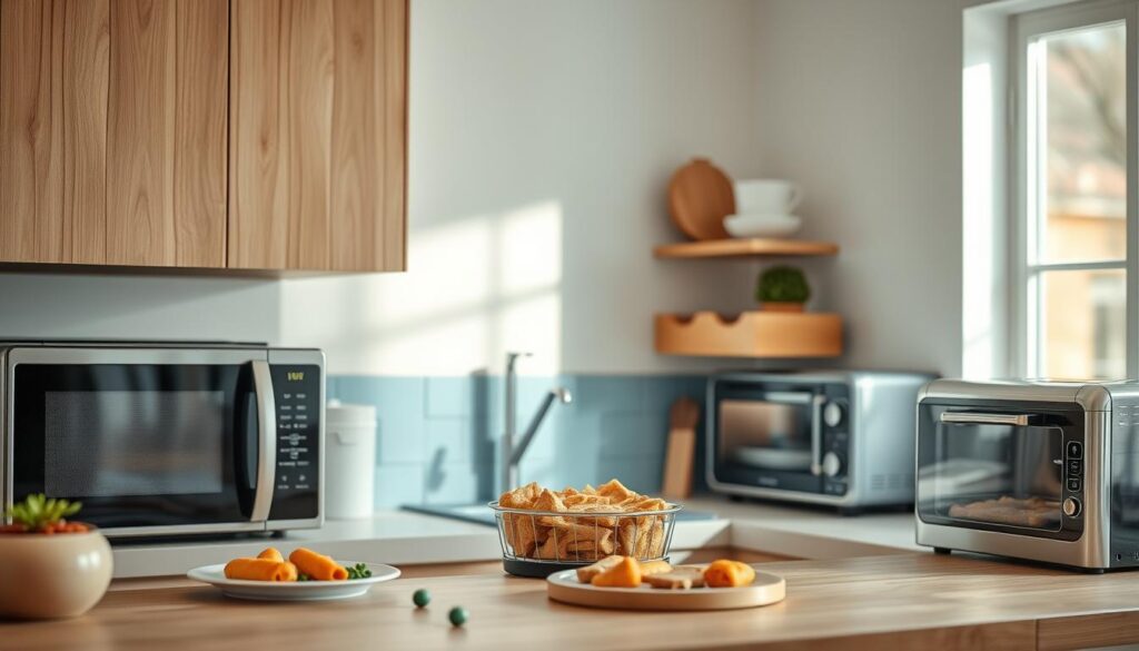 a cozy, minimal kitchen with wooden textures and light blue accents, showcasing various appliances - a microwave, an air fryer, and a toaster oven - demonstrating different methods for reheating meals, with soft, even lighting illuminating the scene from above, capturing the process of preparing a quick and convenient dinner in a visually appealing and informative manner.