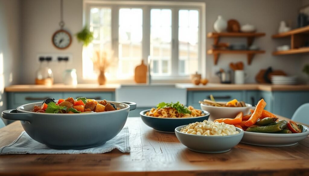 a cozy minimal kitchen with wooden textures, light blue accents, and no hands, showcasing a variety of dairy-free batch cooking recipes, including a hearty vegetable stew, a creamy cashew-based pasta sauce, and an assortment of roasted vegetables, all arranged on a wooden table with natural lighting cascading through the windows, creating a warm and inviting atmosphere that captures the essence of delicious dairy-free meal preparation.