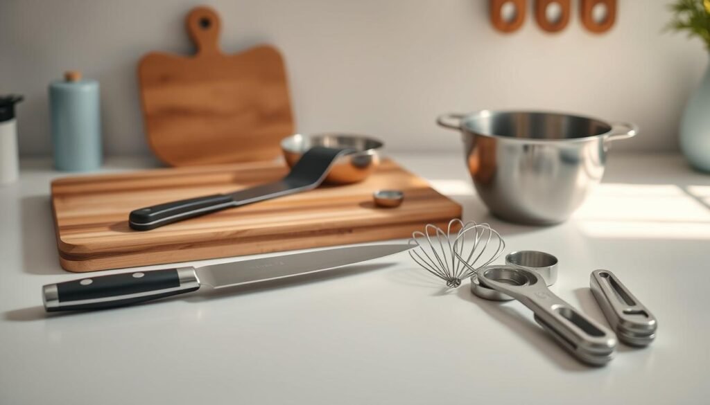 a cozy, minimal kitchen with wooden textures, light blue accents, and no hands. An assortment of essential kitchen tools neatly arranged on a clean countertop, including a sharp chef's knife, a sturdy cutting board, a stainless steel mixing bowl, a set of measuring cups and spoons, a whisk, and a vegetable peeler. Soft, diffused lighting casts a warm glow over the scene, highlighting the natural materials and the functional simplicity of the tools. The overall atmosphere is one of organization, efficiency, and culinary preparedness.