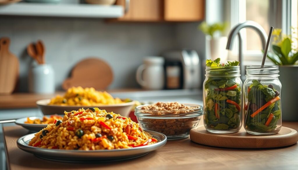 a cozy, minimal kitchen with wooden textures, light blue accents, and no hands. On the countertop, an assortment of colorful, creative leftover dishes are artfully arranged - a vibrant vegetable fried rice, a repurposed casserole with a golden crust, a mason jar salad with bright greens and crunchy toppings. Soft, natural lighting illuminates the scene, casting warm shadows and highlighting the textures of the food. The composition is balanced and visually appealing, showcasing how simple ingredients can be transformed into delicious, innovative meals.