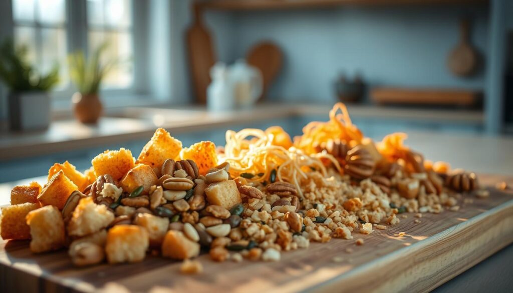 a cozy, minimalist kitchen interior with light blue accents and wooden textures, a variety of crunchy meal toppings artfully arranged on a wooden cutting board or platter in the foreground, including crispy croutons, toasted nuts, seeds, fried onions, and crunchy breadcrumbs, all illuminated by warm, natural lighting from a window, creating a textural and appetizing scene that showcases the different shapes, colors, and qualities of the crunchy garnishes.