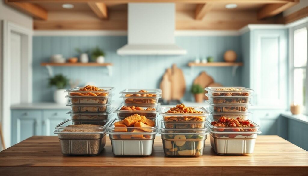 a cozy, minimalist kitchen interior with light blue accents and wooden textures, showcasing various freezer meal containers neatly arranged on a central wooden table. The containers are filled with hearty, home-cooked dishes, radiating warmth and the promise of delicious, nutritious meals. The lighting is soft and natural, highlighting the benefits of having a well-stocked freezer for busy families - convenience, time-saving, and the ability to enjoy homemade meals on even the busiest of days. The overall atmosphere is one of comfort, organization, and the joy of planning ahead for family dinners.
