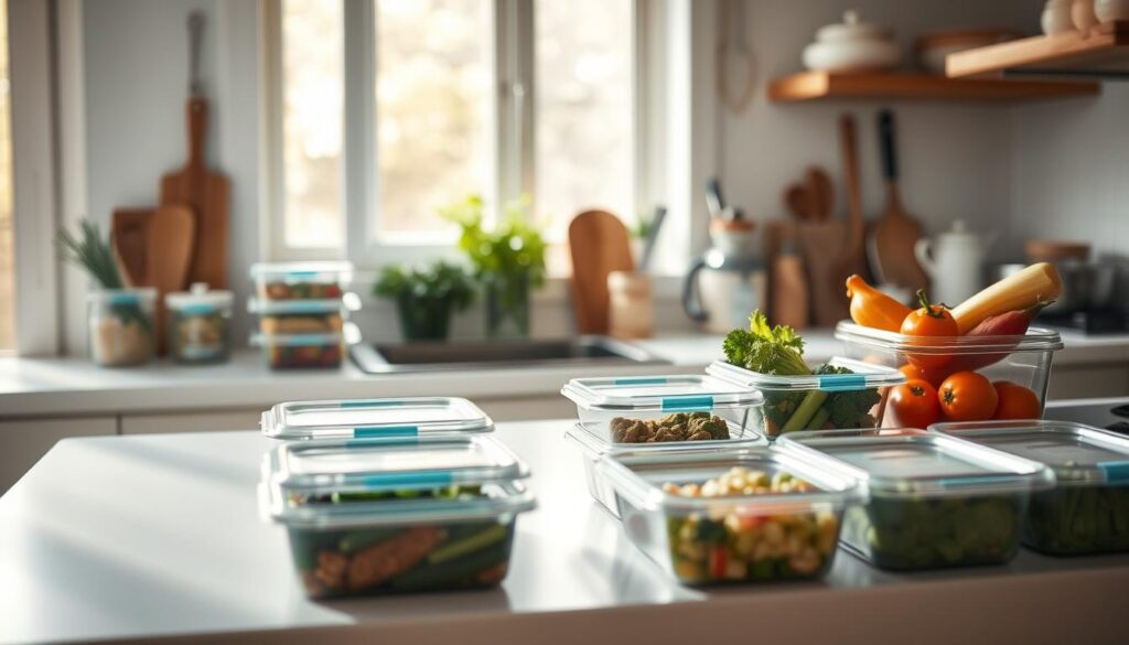 a cozy, minimalist kitchen with warm wooden textures and light blue accents, showcasing various meal prepped containers, fresh vegetables, and cooking utensils neatly arranged on a clean countertop, soft natural lighting from a window illuminating the scene, creating a calming and organized atmosphere that highlights the benefits of batch cooking