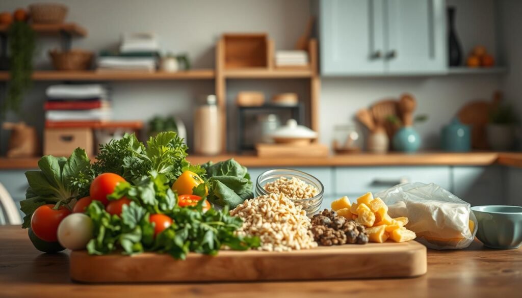 a cozy, minimalist kitchen with wooden textures and light blue accents. In the foreground, a variety of fresh ingredients such as vegetables, grains, and proteins are neatly arranged on a wooden cutting board, suggesting the preparation of a wholesome, nutritious meal. The middle ground showcases a set of cookbooks, a well-stocked pantry, and a clean, organized countertop, highlighting the importance of planning and preparation. The background features a warm, soft-lit environment, conveying a sense of comfort and ease, as if the kitchen is a sanctuary for mindful meal creation. The scene evokes a serene, efficient, and intentional approach to emergency meal planning, emphasizing the benefits of being prepared for unexpected situations.