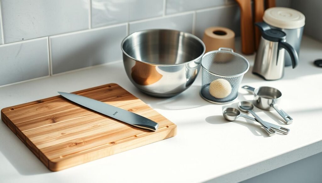 a minimalist kitchen counter top with an assortment of essential meal prep tools neatly arranged, including a sharp chef's knife, a wooden cutting board, a stainless steel mixing bowl, a mesh sieve, a garlic press, a vegetable peeler, and a set of measuring cups and spoons, all bathed in soft, natural lighting with a muted color palette of light blues, grays, and warm wood tones, creating a calm, organized, and inviting atmosphere for home cooking