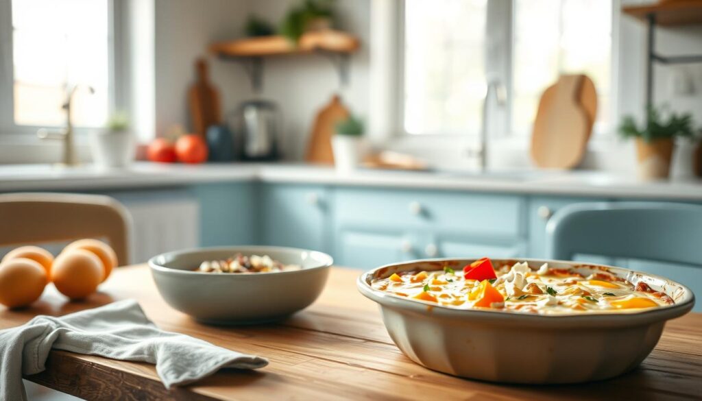 a mouthwatering gluten-free egg casserole, freshly baked, with fluffy eggs, crumbled goat cheese, and diced bell peppers, nestled in a rustic ceramic baking dish, on a wooden table in a cozy, minimal kitchen with light blue accents, illuminated by soft, natural lighting from a large window, creating a warm, inviting atmosphere for a delicious, healthy family meal