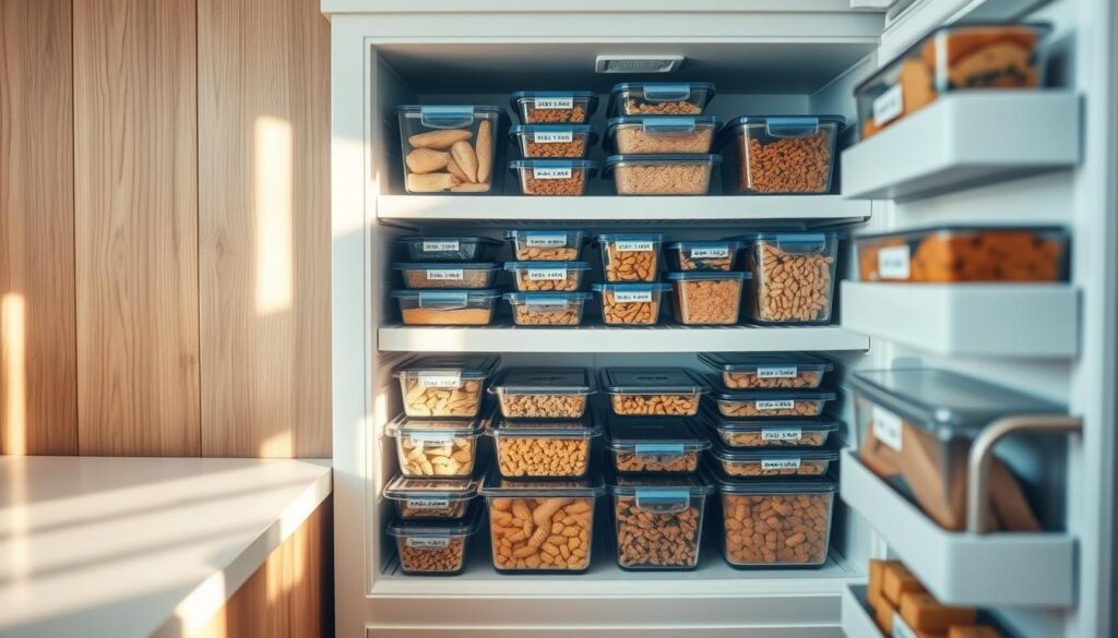 an organized, well-stocked freezer in a cozy, minimal kitchen with wooden textures and light blue accents, the shelves neatly arranged with a variety of labeled, homemade meals in airtight containers, the lighting soft and diffused, creating a sense of calm and efficiency, the overall scene conveying a feeling of preparedness and control over meal planning and food storage